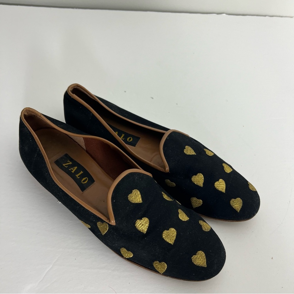Zalo Smoking Slippers Loafers Flats Black Gold Hearts Size 10 - Picture 11 of 12